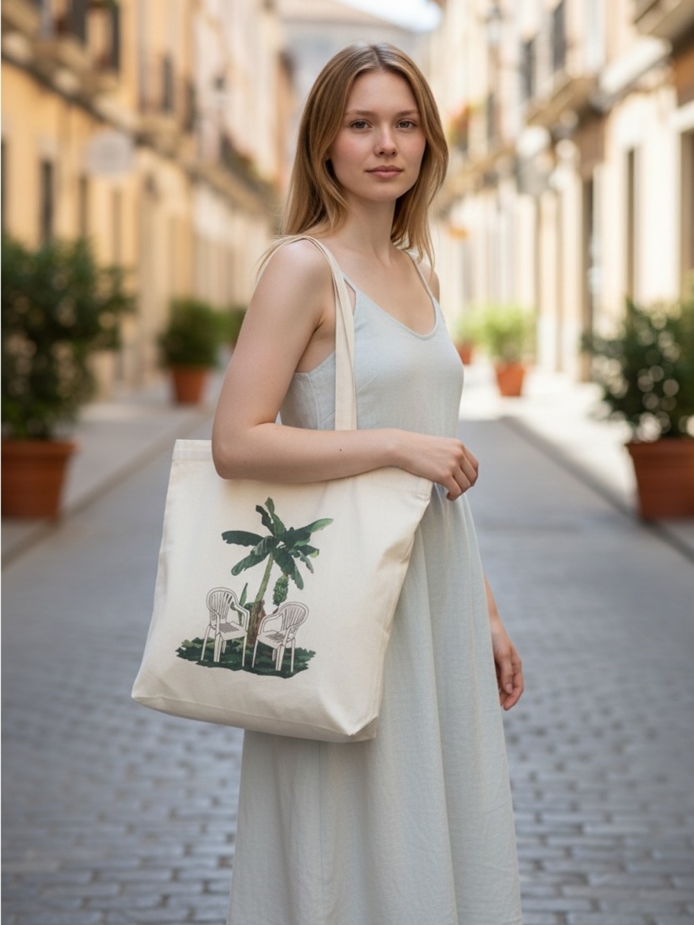 Puerto Rico Canvas Tote Bag with Palm Tree & Chairs Graphic - Cream NWT